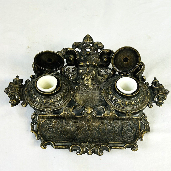 Vintage Antique Art Nouveau Brass Double Inkwell w/ Pen Tray & Ink Pots - Picture 2 of 7